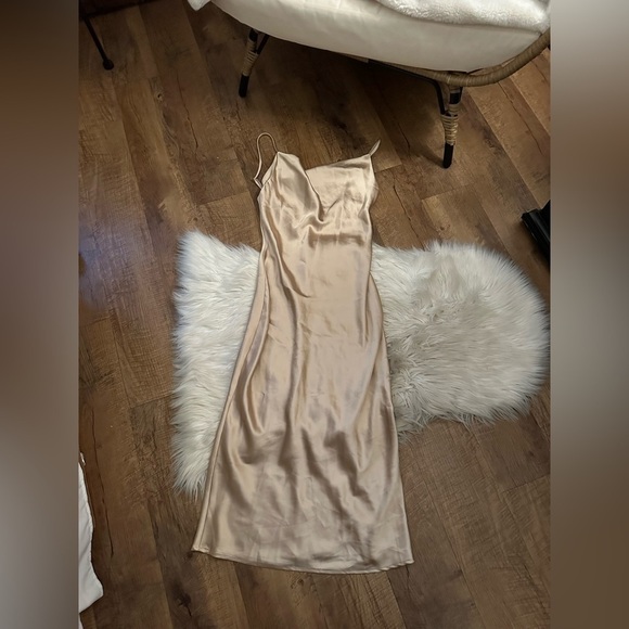 HELLO MOLLY Feel Like Laughing Satin Midi Dress Beige - Picture 2 of 4